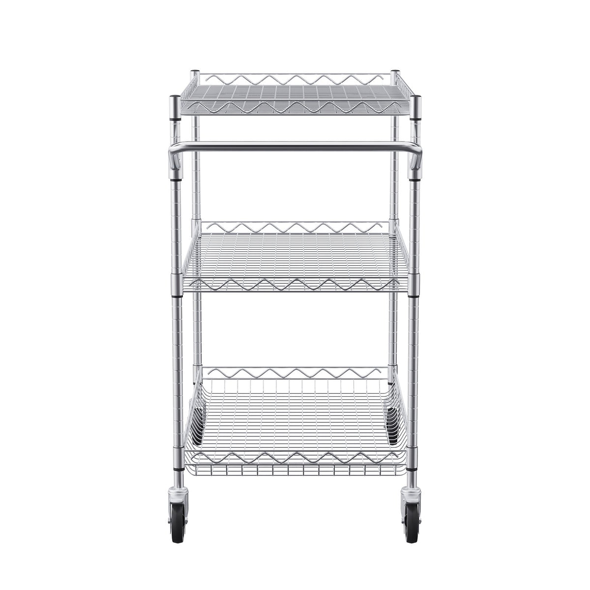 VEVOR Kitchen Trolley with 3 Shelves, 300 kg Capacity, Steel, 80 mm Deep Baskets and 6 Hooks