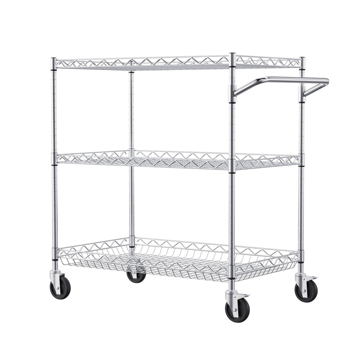 VEVOR Kitchen Trolley with 3 Shelves, 300 kg Capacity, Steel, 80 mm Deep Baskets and 6 Hooks
