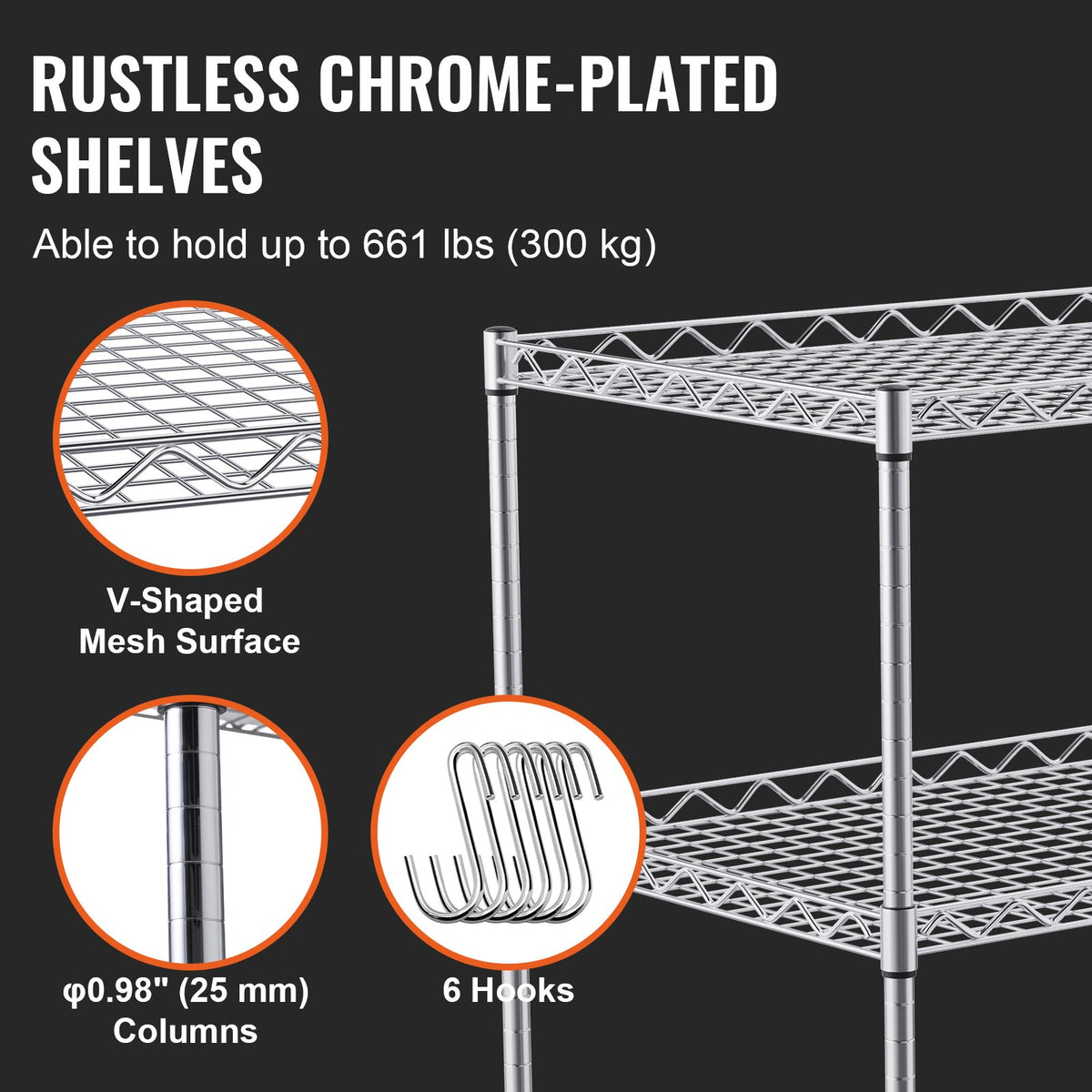 VEVOR Kitchen Trolley with 3 Shelves, 300 kg Capacity, Steel, 80 mm Deep Baskets and 6 Hooks