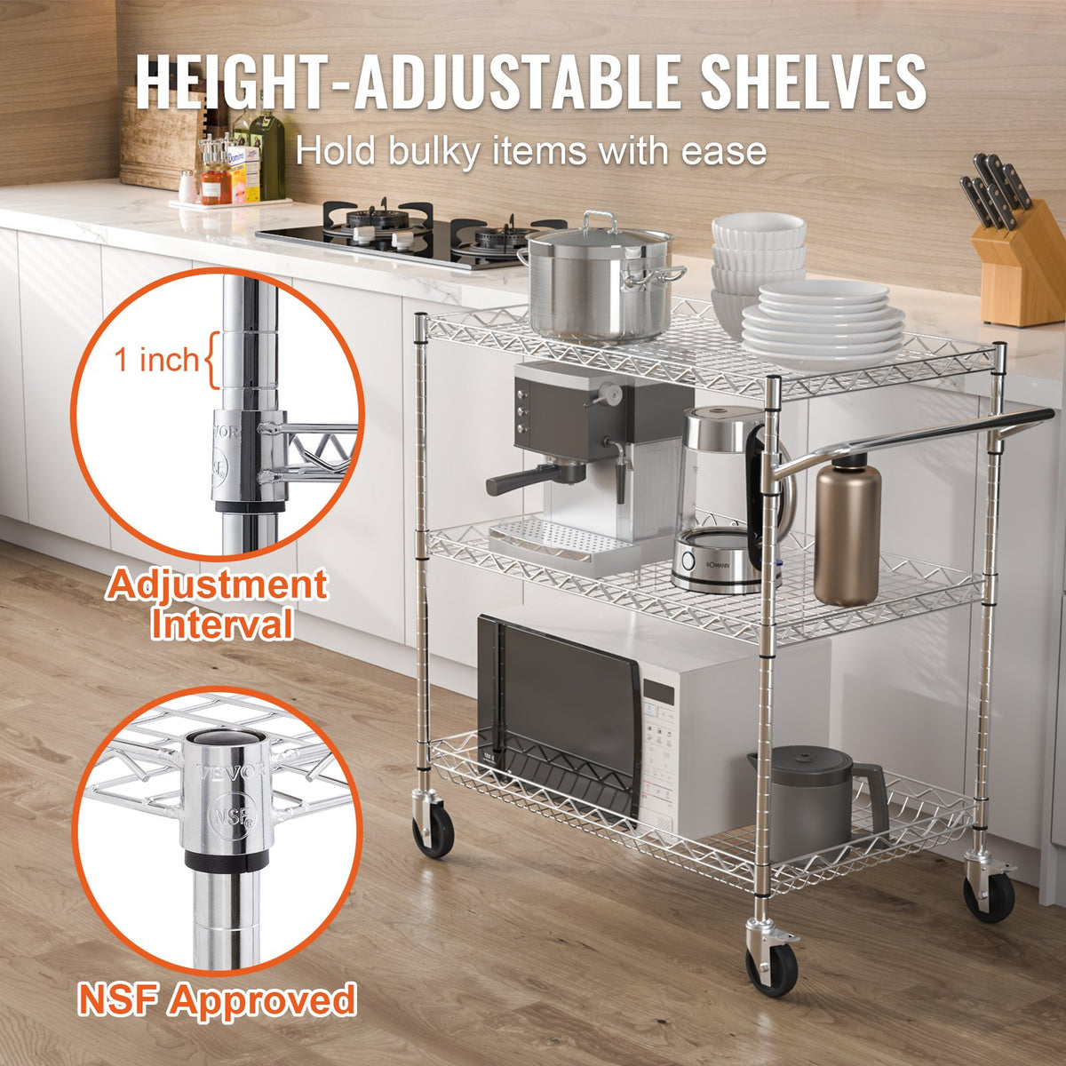 VEVOR Kitchen Trolley with 3 Shelves, 300 kg Capacity, Steel, 80 mm Deep Baskets and 6 Hooks
