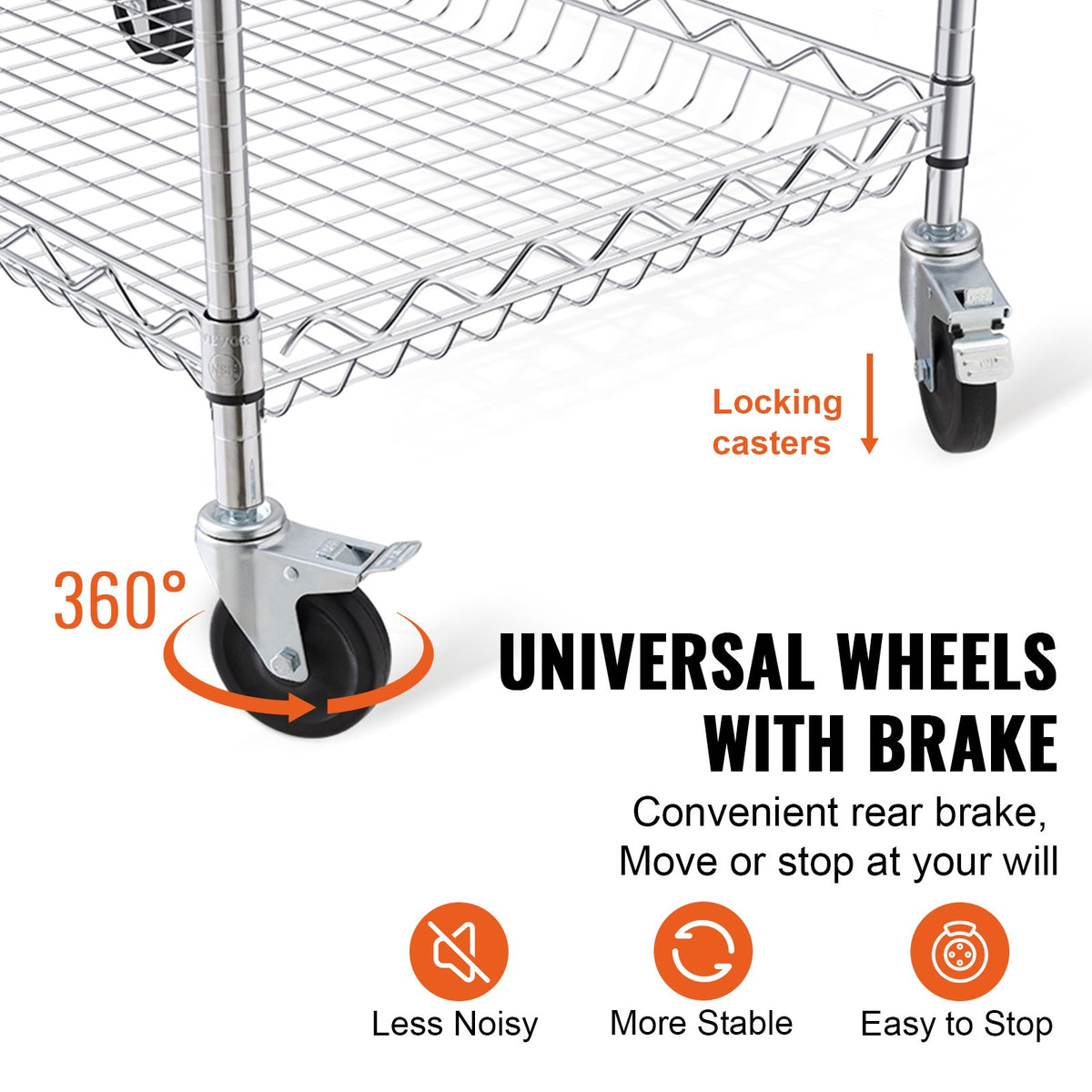 VEVOR Kitchen Trolley with 3 Shelves, 300 kg Capacity, Steel, 80 mm Deep Baskets and 6 Hooks