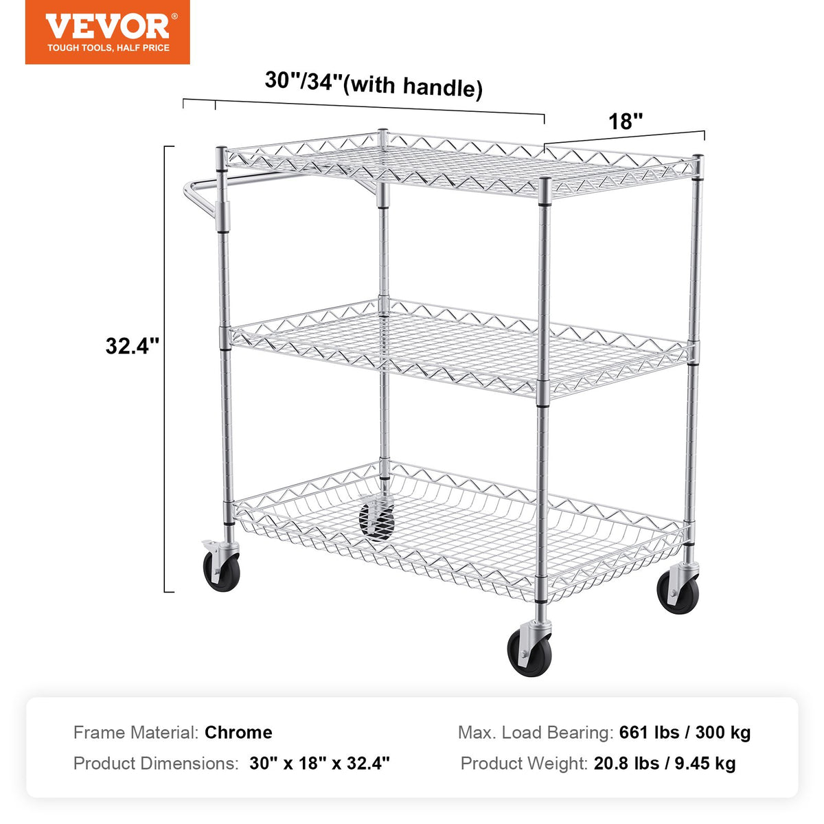 VEVOR Kitchen Trolley with 3 Shelves, 300 kg Capacity, Steel, 80 mm Deep Baskets and 6 Hooks