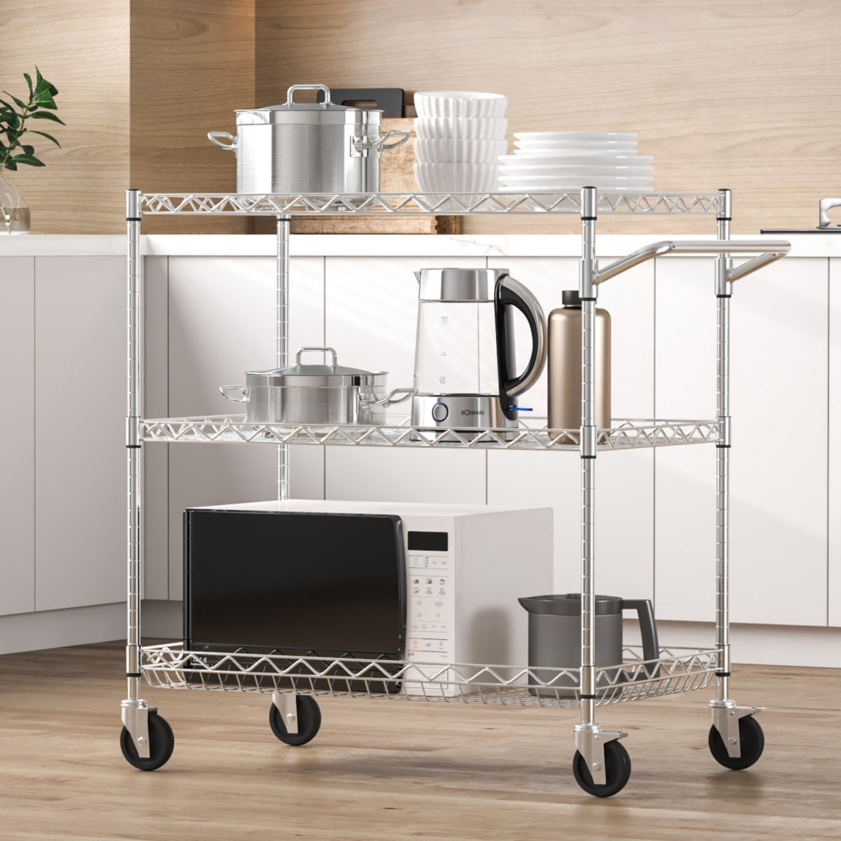 VEVOR Kitchen Trolley with 3 Shelves, 300 kg Capacity, Steel, 80 mm Deep Baskets and 6 Hooks