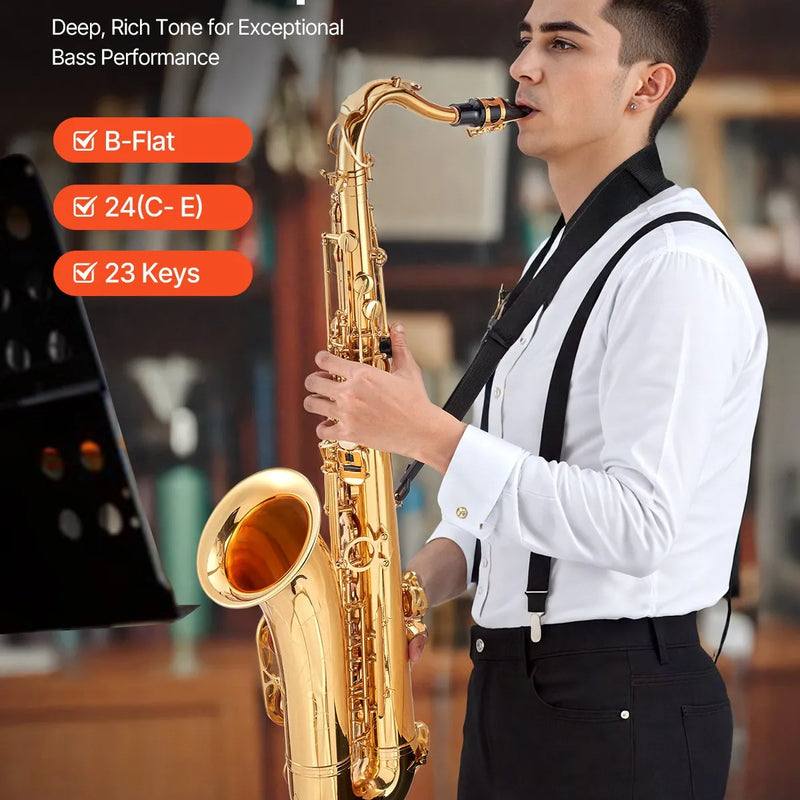 VEVOR tenora saksofons B♭, profesionāls misiņa modelis ar 23 taustiņiem, komplekts iesācējiem ar futlāri, iemuti, siksnām, tīrīšanas drānu un cimdiem, zelta krāsa