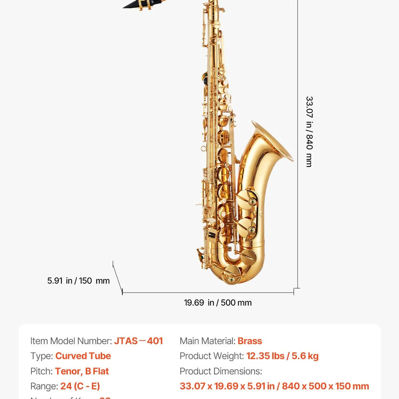 VEVOR tenora saksofons B♭, profesionāls misiņa modelis ar 23 taustiņiem, komplekts iesācējiem ar futlāri, iemuti, siksnām, tīrīšanas drānu un cimdiem, zelta krāsa