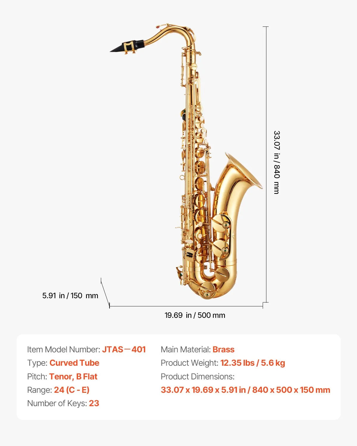 VEVOR Tenor Saxophone B♭, Brass, 23 Keys, Beginner Kit with Case, Mouthpieces and Straps, Gold