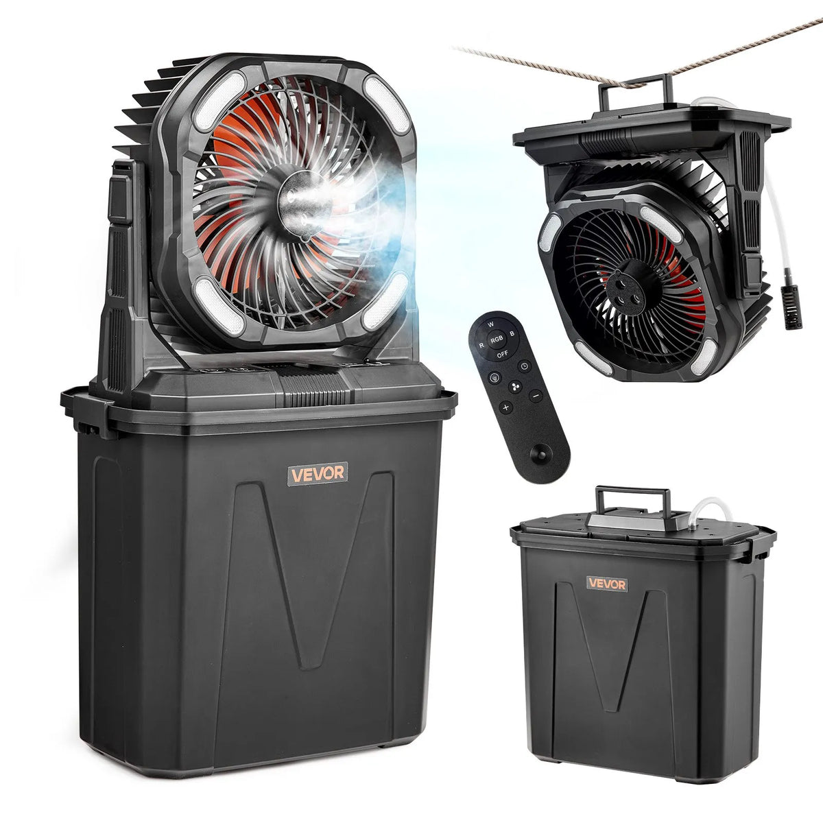 VEVOR miglas ventilators ar motoru virs 2700 apgr./min, ūdens dzesēšanas ventilators ar 9 l ūdens tvertni, 10 000 mAh akumulatoru, 4 ātruma un 5 apgaismojuma režīmi, piemērots iekštelpām, ārtelpām un terasei - ZEMLETES.LV
