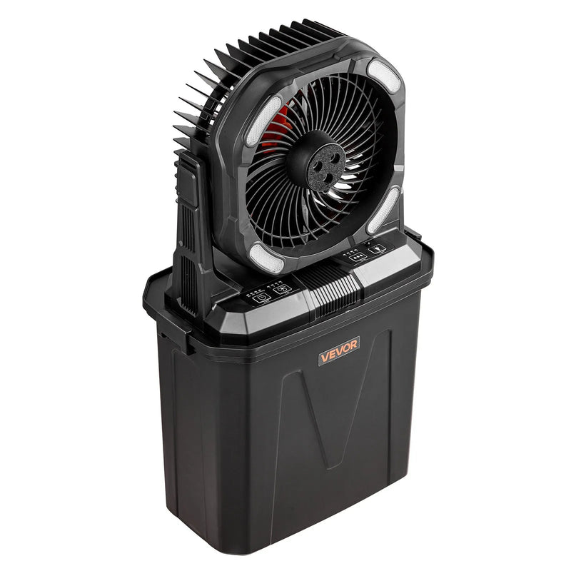 VEVOR miglas ventilators ar motoru virs 2700 apgr./min, ūdens dzesēšanas ventilators ar 9 l ūdens tvertni, 10 000 mAh akumulatoru, 4 ātruma un 5 apgaismojuma režīmi, piemērots iekštelpām, ārtelpām un terasei