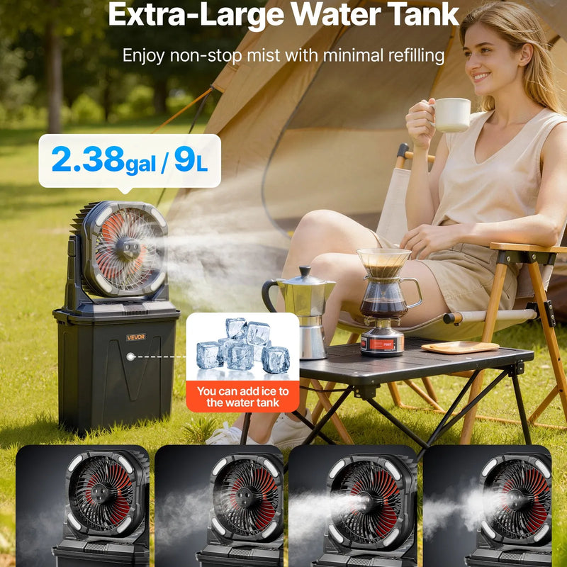 VEVOR miglas ventilators ar motoru virs 2700 apgr./min, ūdens dzesēšanas ventilators ar 9 l ūdens tvertni, 10 000 mAh akumulatoru, 4 ātruma un 5 apgaismojuma režīmi, piemērots iekštelpām, ārtelpām un terasei