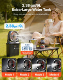 VEVOR miglas ventilators ar motoru virs 2700 apgr./min, ūdens dzesēšanas ventilators ar 9 l ūdens tvertni, 10 000 mAh akumulatoru, 4 ātruma un 5 apgaismojuma režīmi, piemērots iekštelpām, ārtelpām un terasei