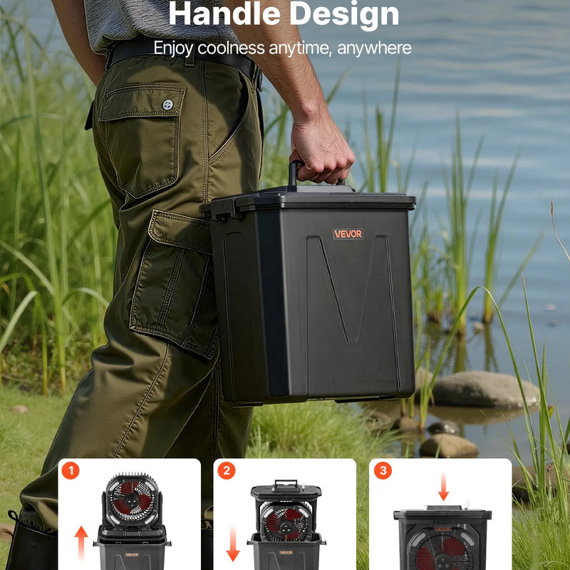 VEVOR miglas ventilators ar motoru virs 2700 apgr./min, ūdens dzesēšanas ventilators ar 9 l ūdens tvertni, 10 000 mAh akumulatoru, 4 ātruma un 5 apgaismojuma režīmi, piemērots iekštelpām, ārtelpām un terasei
