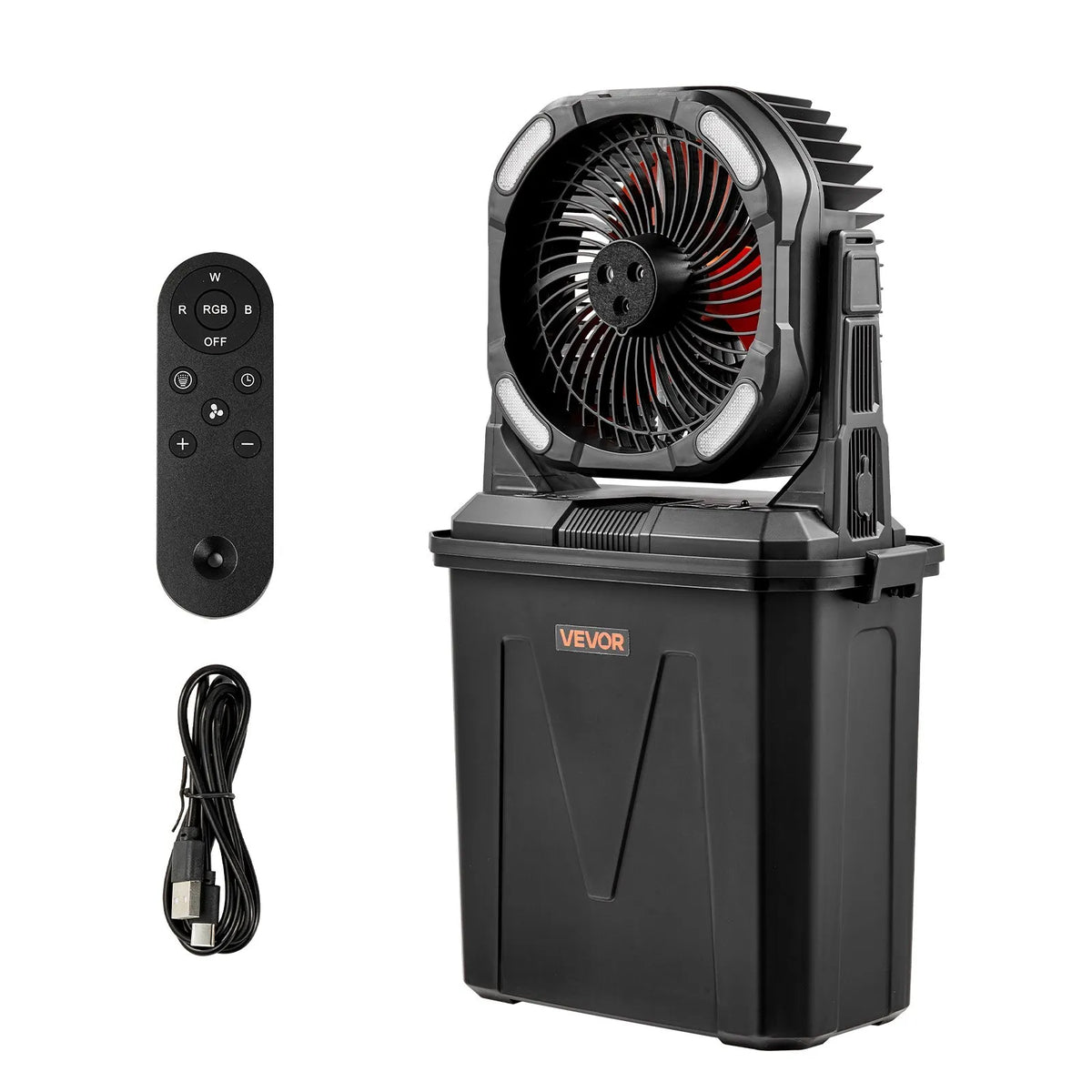 VEVOR miglas ventilators ar motoru virs 2700 apgr./min, ūdens dzesēšanas ventilators ar 9 l ūdens tvertni, 10 000 mAh akumulatoru, 4 ātruma un 5 apgaismojuma režīmi, piemērots iekštelpām, ārtelpām un terasei - ZEMLETES.LV