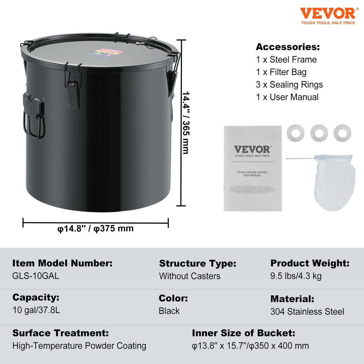 VEVOR 38 L Oil Fryer Tank, Stainless Steel with Lid, Filter and Wheels