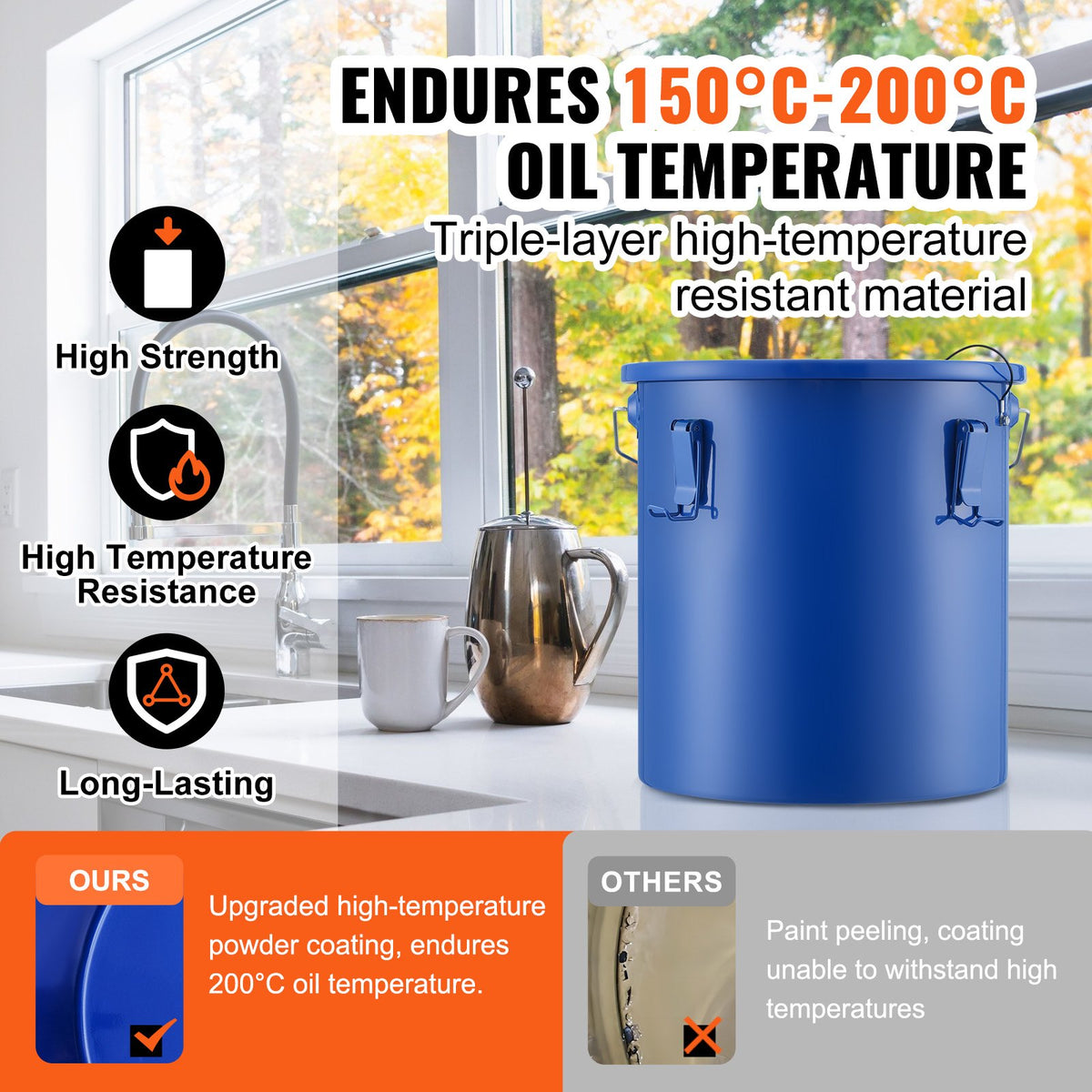 VEVOR Deep Fryer Oil Tank 22.7 L, Carbon Steel with Anti-Corrosion Coating, Lid and Filter Bag