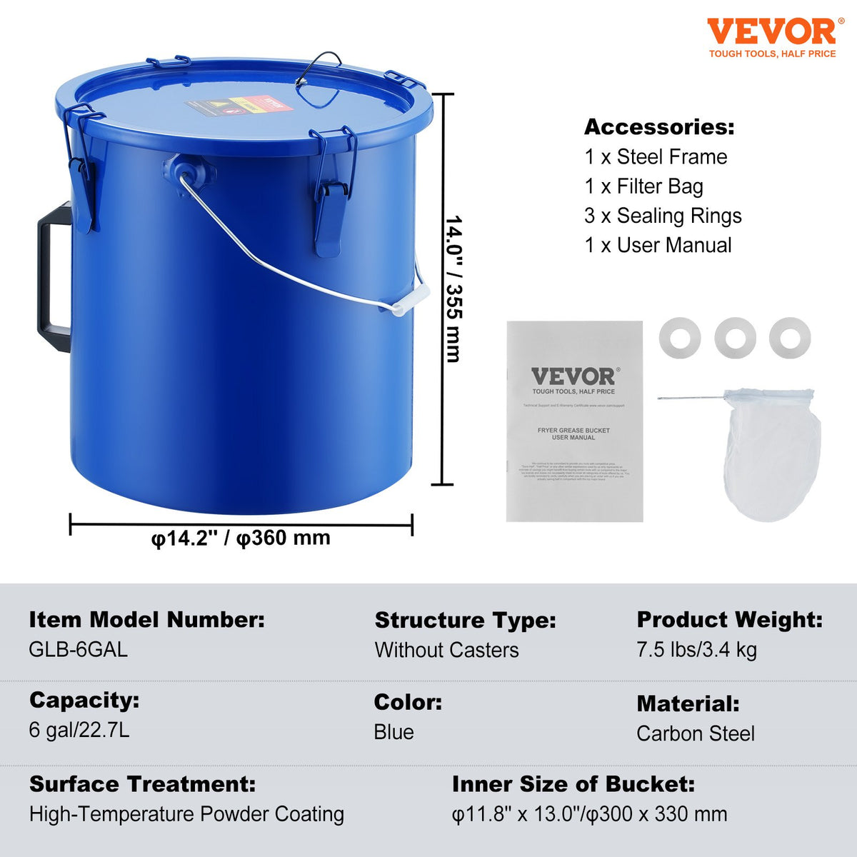 VEVOR Deep Fryer Oil Tank 22.7 L, Carbon Steel with Anti-Corrosion Coating, Lid and Filter Bag