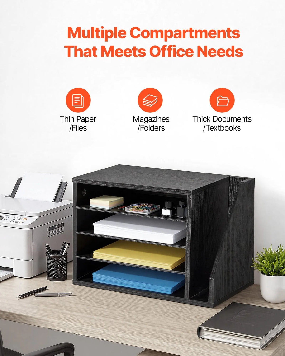 VEVOR dokumentu organizators ar 4 nodalījumiem, biroja pastkastītes tipa plauktu sistēma ar noņemamiem plauktiem un sānu vertikālo glabātuvi, koka šķirošanas skapis dokumentiem un papīram, melns - ZEMLETES.LV