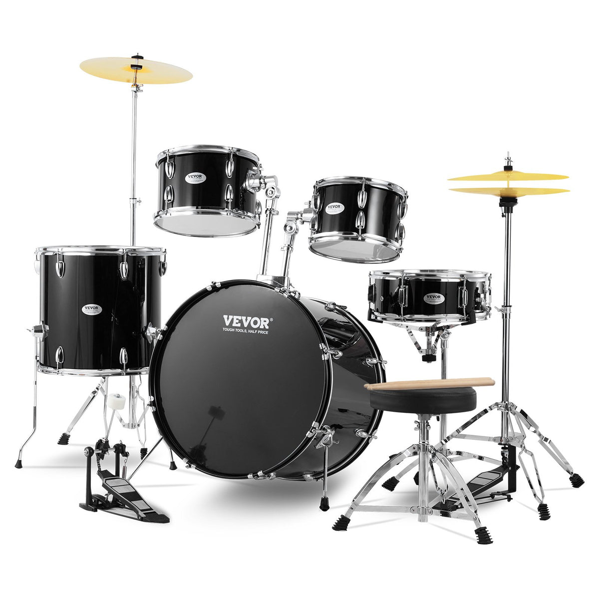 VEVOR täissuuruses trummikomplekt 5-osaline 56 cm taldrikute, hi-hat-pedaali, istme ja pulkadega, must