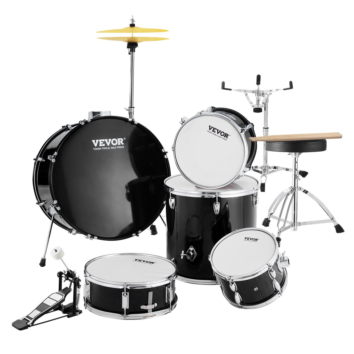 VEVOR täissuuruses trummikomplekt 5-osaline 56 cm taldrikute, hi-hat-pedaali, istme ja pulkadega, must