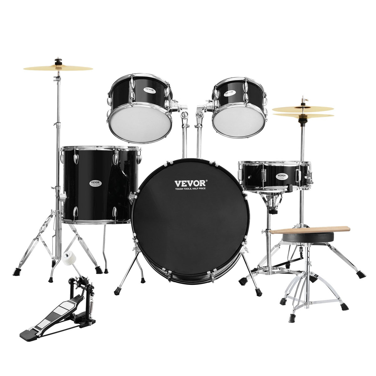 VEVOR täissuuruses trummikomplekt 5-osaline 56 cm taldrikute, hi-hat-pedaali, istme ja pulkadega, must
