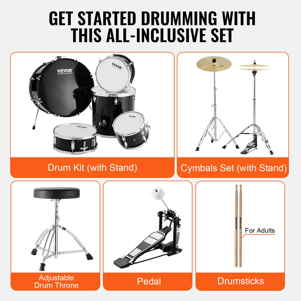 VEVOR täissuuruses trummikomplekt 5-osaline 56 cm taldrikute, hi-hat-pedaali, istme ja pulkadega, must