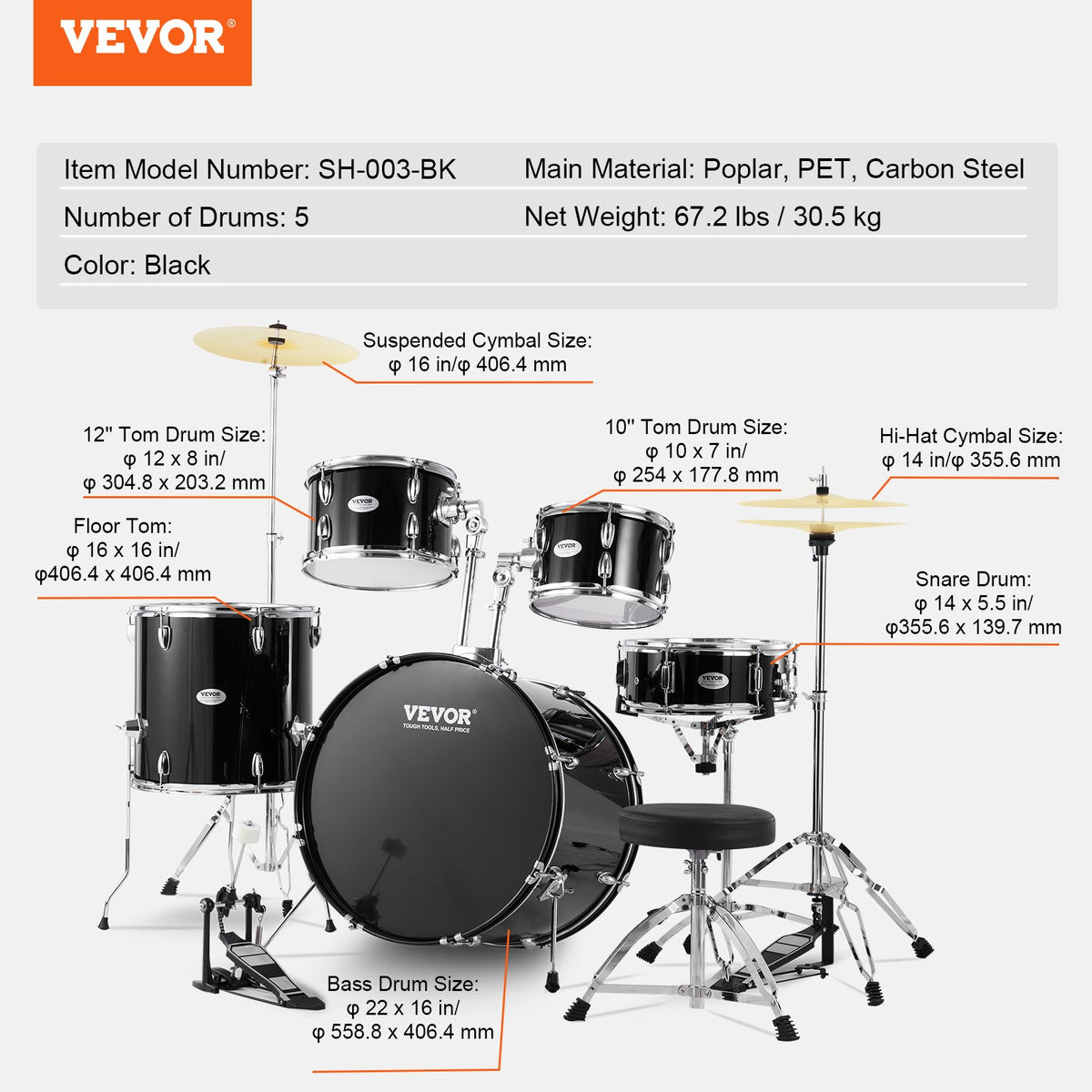 VEVOR täissuuruses trummikomplekt 5-osaline 56 cm taldrikute, hi-hat-pedaali, istme ja pulkadega, must