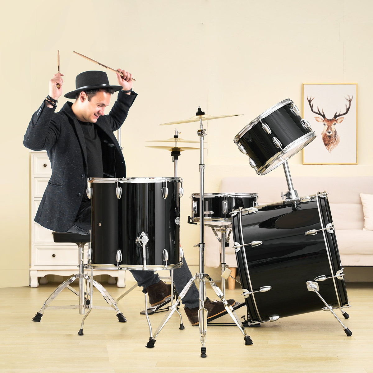 VEVOR täissuuruses trummikomplekt 5-osaline 56 cm taldrikute, hi-hat-pedaali, istme ja pulkadega, must