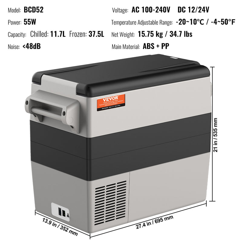 VEVOR pārnēsājams auto ledusskapis/saldētavas kompresors 52L, divas zonas