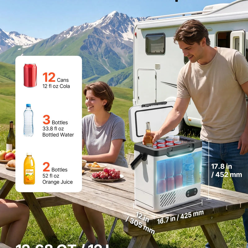 VEVOR 12 l auto ledusskapis ar kompresoru, pārnēsājama 12 V/24 V DC un 100–240 V AC elektriskā saldētava ar rokturi, temperatūra no -20 °C līdz 20 °C, kemperiem, automašīnām, laivām un kempingam