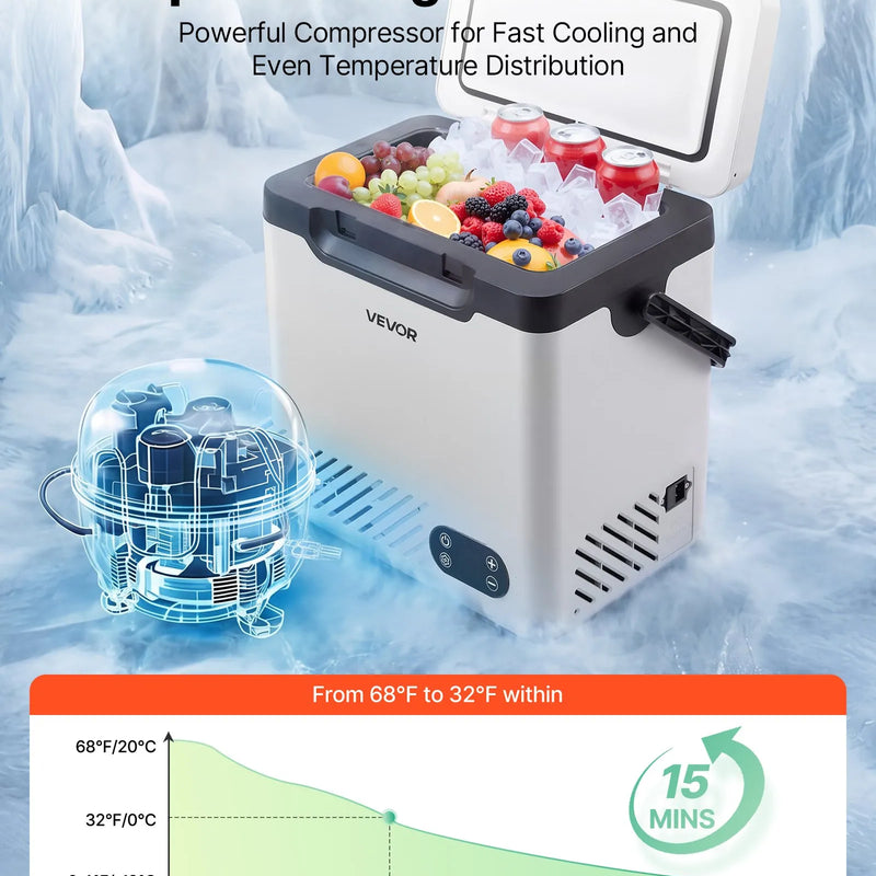 VEVOR 12 l auto ledusskapis ar kompresoru, pārnēsājama 12 V/24 V DC un 100–240 V AC elektriskā saldētava ar rokturi, temperatūra no -20 °C līdz 20 °C, kemperiem, automašīnām, laivām un kempingam