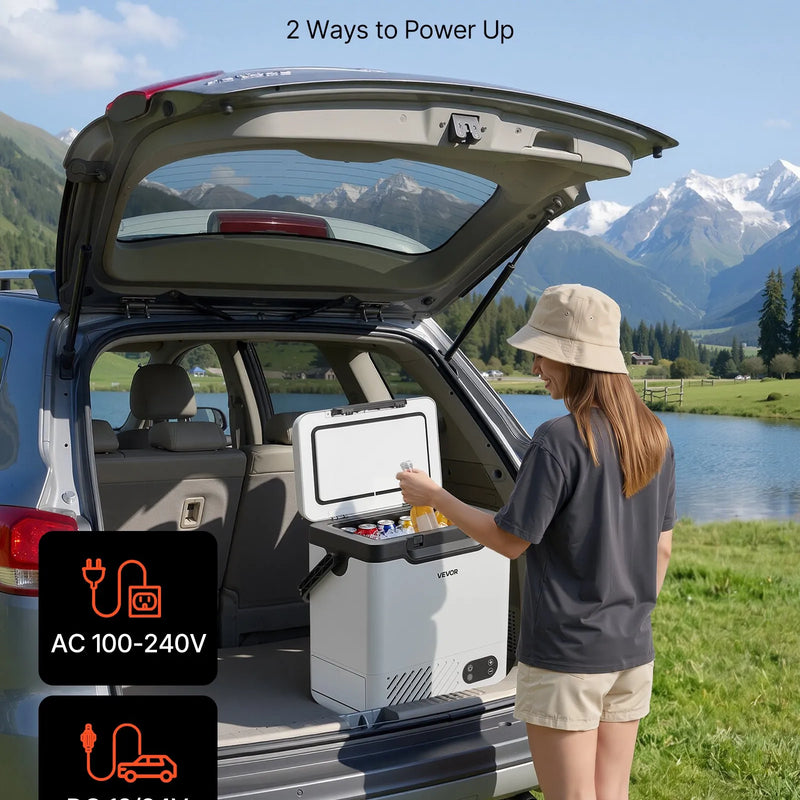 VEVOR 12 l auto ledusskapis ar kompresoru, pārnēsājama 12 V/24 V DC un 100–240 V AC elektriskā saldētava ar rokturi, temperatūra no -20 °C līdz 20 °C, kemperiem, automašīnām, laivām un kempingam