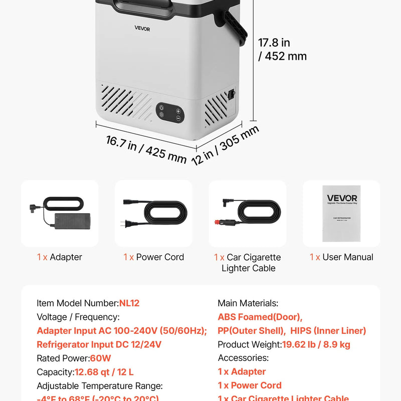 VEVOR 12 l auto ledusskapis ar kompresoru, pārnēsājama 12 V/24 V DC un 100–240 V AC elektriskā saldētava ar rokturi, temperatūra no -20 °C līdz 20 °C, kemperiem, automašīnām, laivām un kempingam