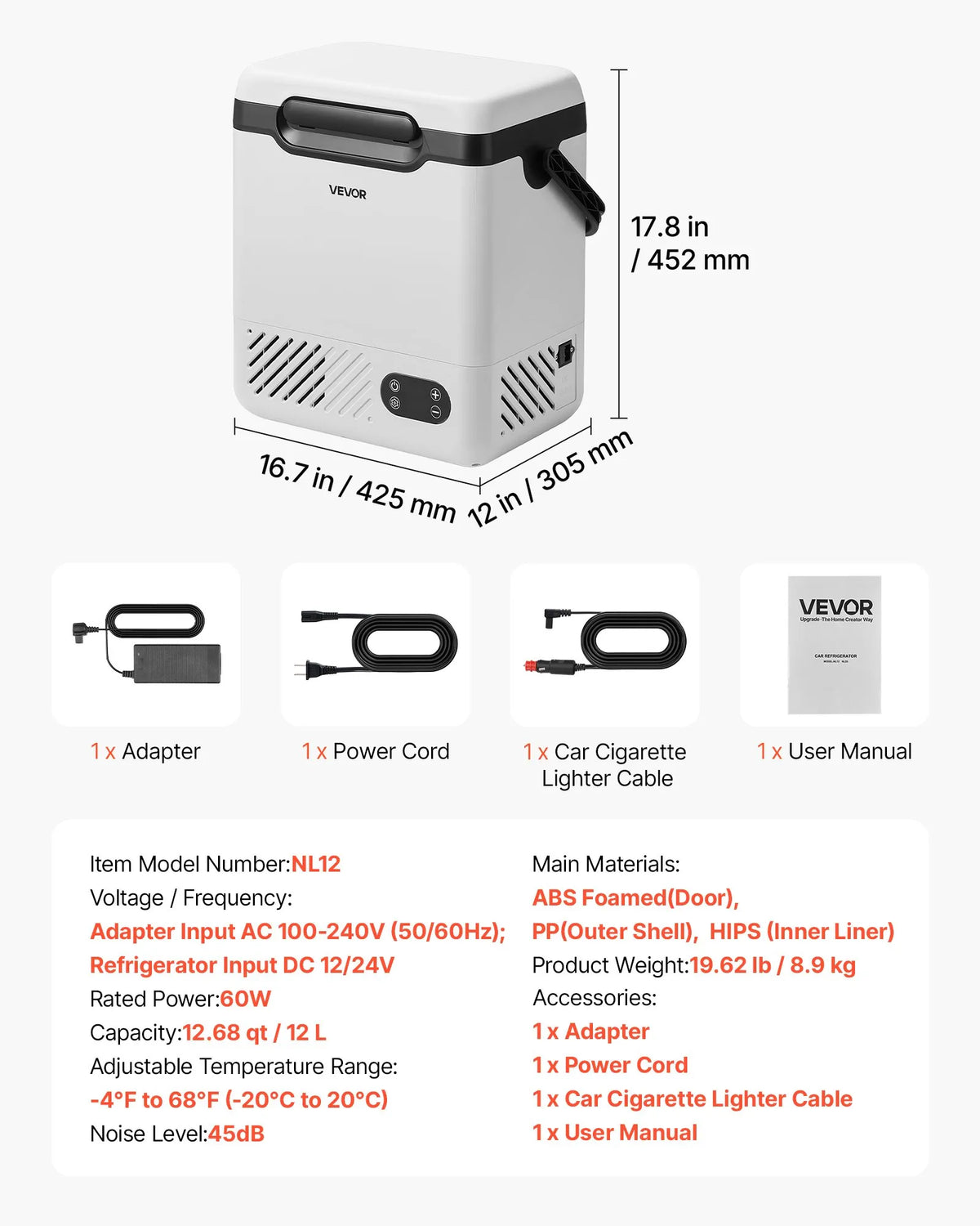 VEVOR 12 l auto ledusskapis ar kompresoru, pārnēsājama 12 V/24 V DC un 100–240 V AC elektriskā saldētava ar rokturi, temperatūra no -20 °C līdz 20 °C, kemperiem, automašīnām, laivām un kempingam