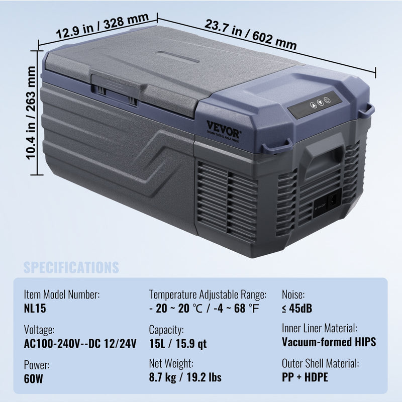 VEVOR pārnēsājams auto ledusskapis/saldētavas kompresors 15L, viena zona