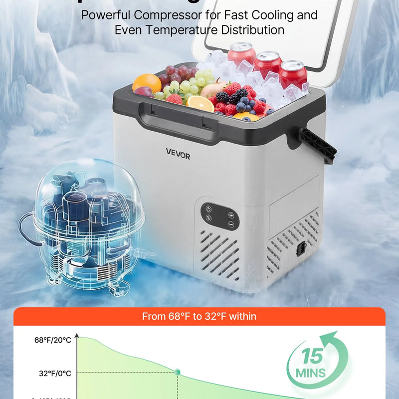 VEVOR 18 l auto ledusskapis ar kompresoru, pārnēsājama 12 V/24 V DC un 100–240 V AC elektriskā saldētava ar rokturi, temperatūra no -20 °C līdz 20 °C, kemperiem, automašīnām, laivām un kempingam
