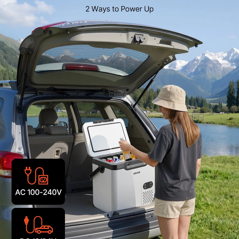 VEVOR 18 l auto ledusskapis ar kompresoru, pārnēsājama 12 V/24 V DC un 100–240 V AC elektriskā saldētava ar rokturi, temperatūra no -20 °C līdz 20 °C, kemperiem, automašīnām, laivām un kempingam