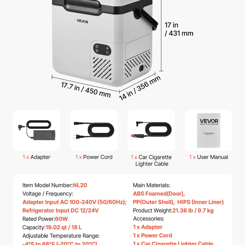VEVOR 18 l auto ledusskapis ar kompresoru, pārnēsājama 12 V/24 V DC un 100–240 V AC elektriskā saldētava ar rokturi, temperatūra no -20 °C līdz 20 °C, kemperiem, automašīnām, laivām un kempingam