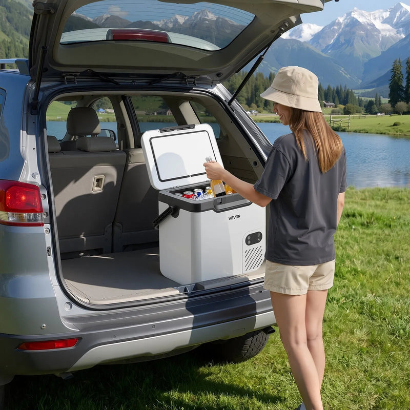 VEVOR 18 l auto ledusskapis ar kompresoru, pārnēsājama 12 V/24 V DC un 100–240 V AC elektriskā saldētava ar rokturi, temperatūra no -20 °C līdz 20 °C, kemperiem, automašīnām, laivām un kempingam