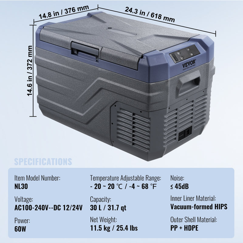 VEVOR pārnēsājams auto ledusskapis/saldētavas kompresors 30L, viena zona