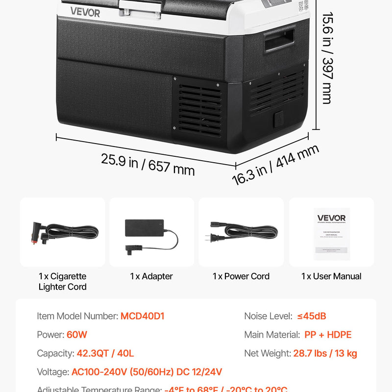 VEVOR 12 V auto ledusskapis 40 l ar regulējamu temperatūru - 20 ℃ līdz 20 ℃, pārnēsājams kompresora dzesētājs ar 12/24 V DC un 100–240 V AC, kempingam, ceļojumiem un RV - ZEMLETES.LV