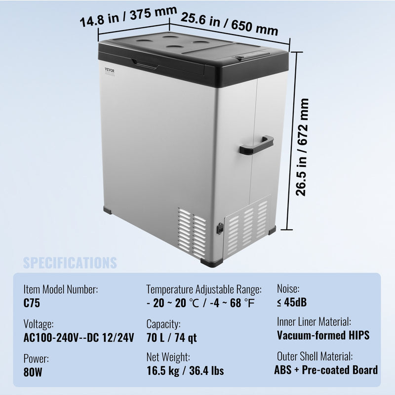 VEVOR80W pārnēsājams auto ledusskapis 70L, viena zona