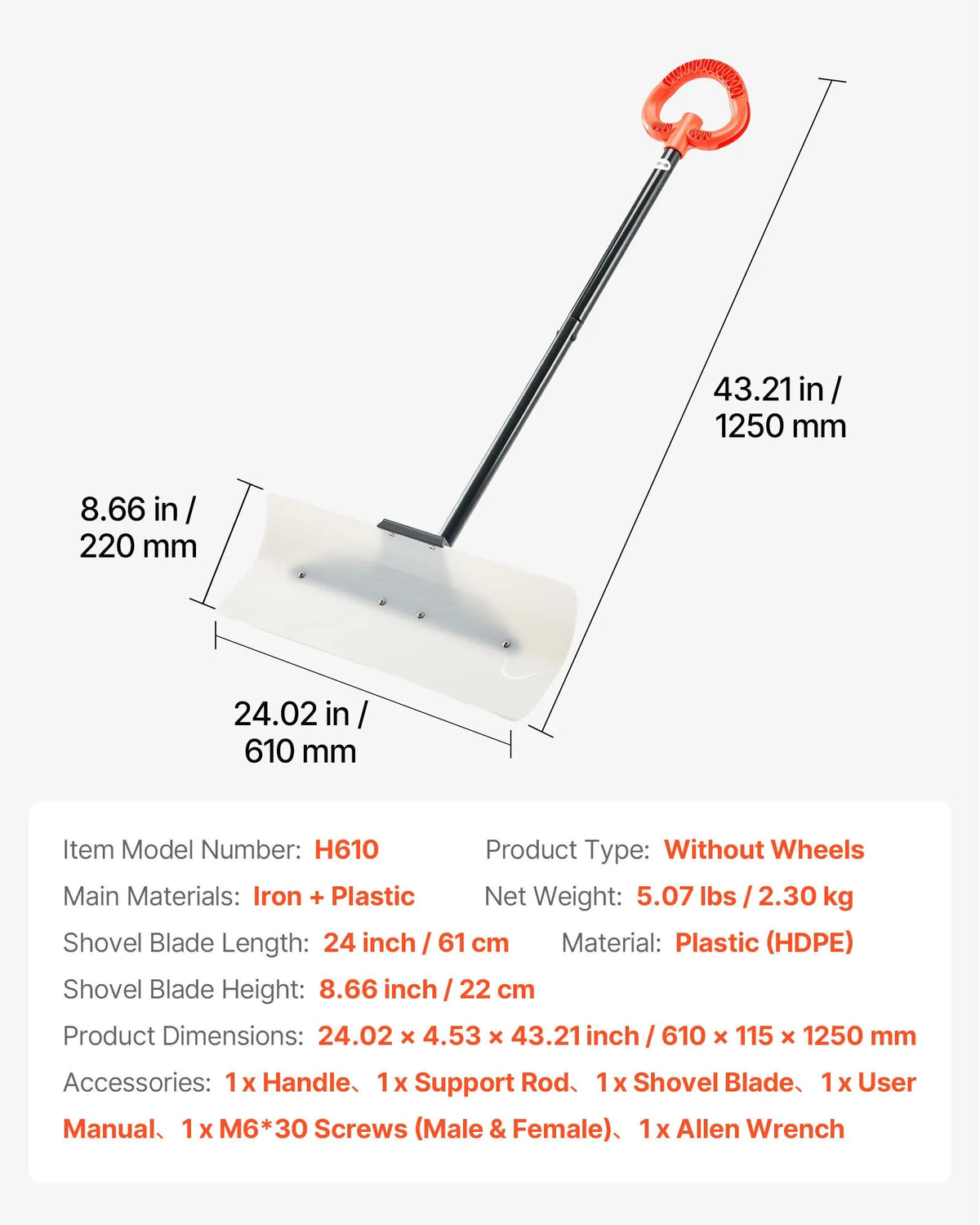 Sniega stūmējlāpsta 61 cm HDPE ar segmentētu kātu un ergonoomisku rokturi