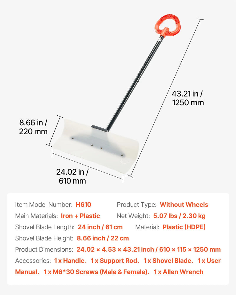 Sniega stūmējlāpsta 61 cm HDPE ar segmentētu kātu un ergonomisku rokturi