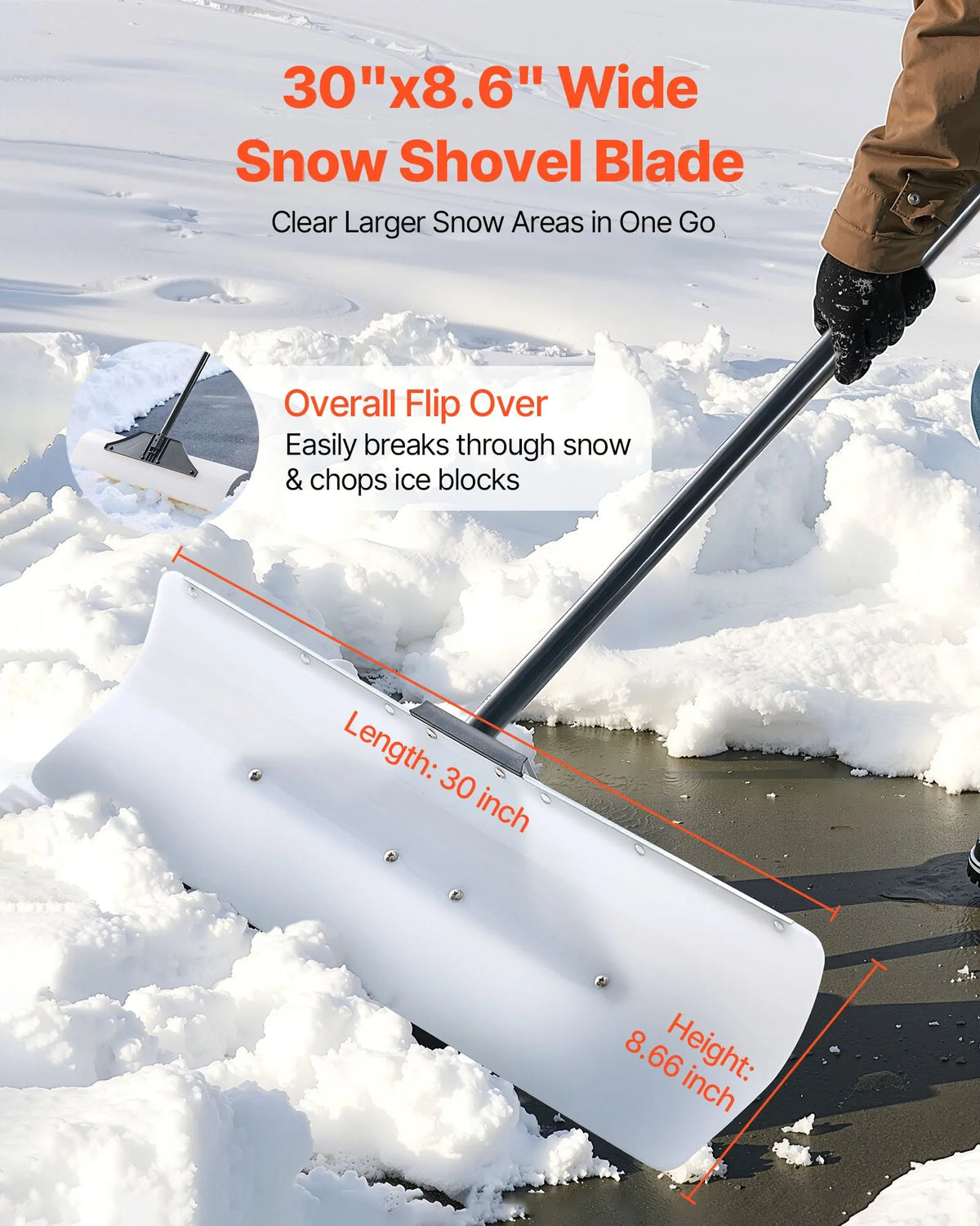 Snow pusher shovel 76.2 cm with ergonomic handle, HDPE blade and metal edge, segmented handle, portable for driveways