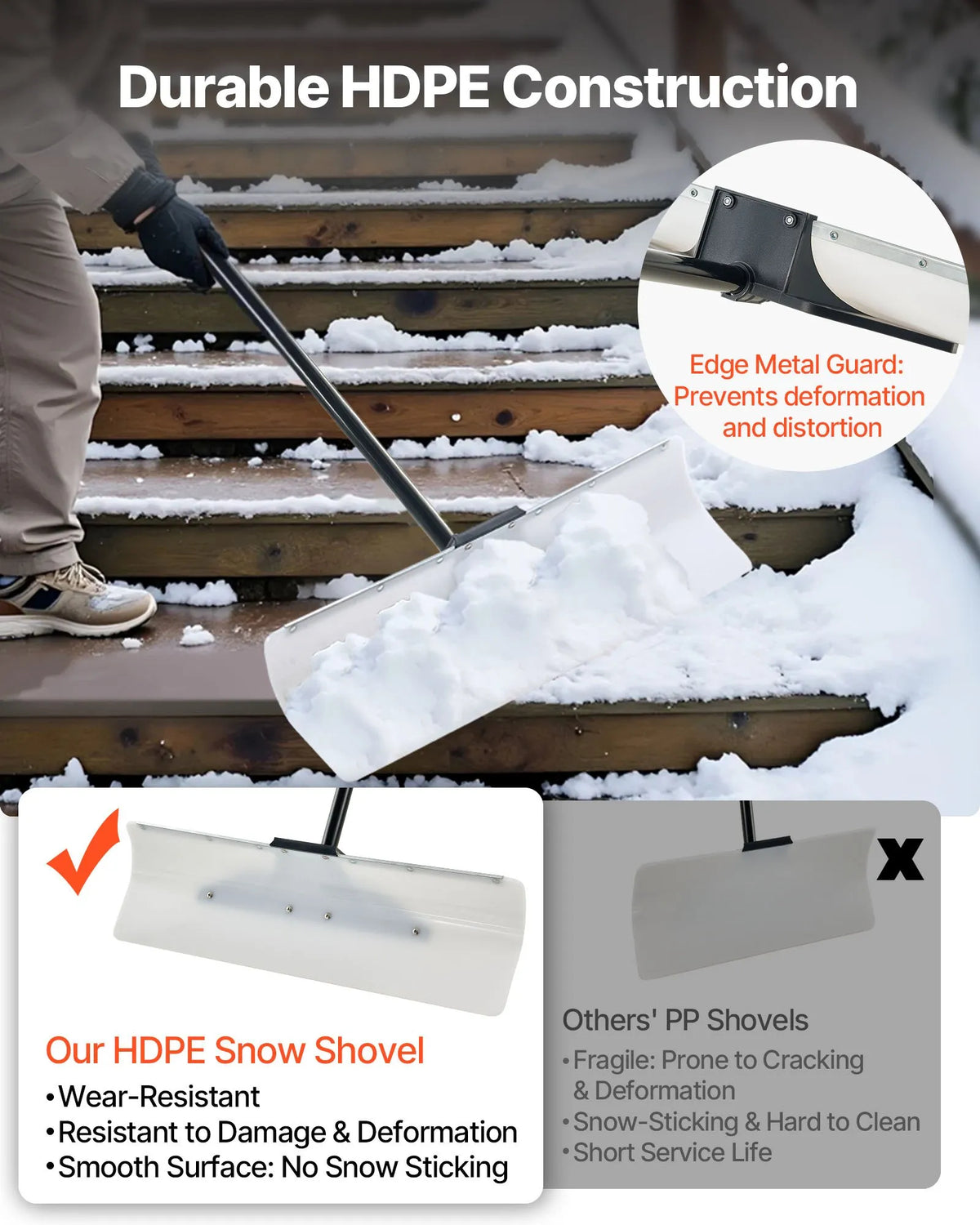 Snow pusher shovel 76.2 cm with ergonomic handle, HDPE blade and metal edge, segmented handle, portable for driveways