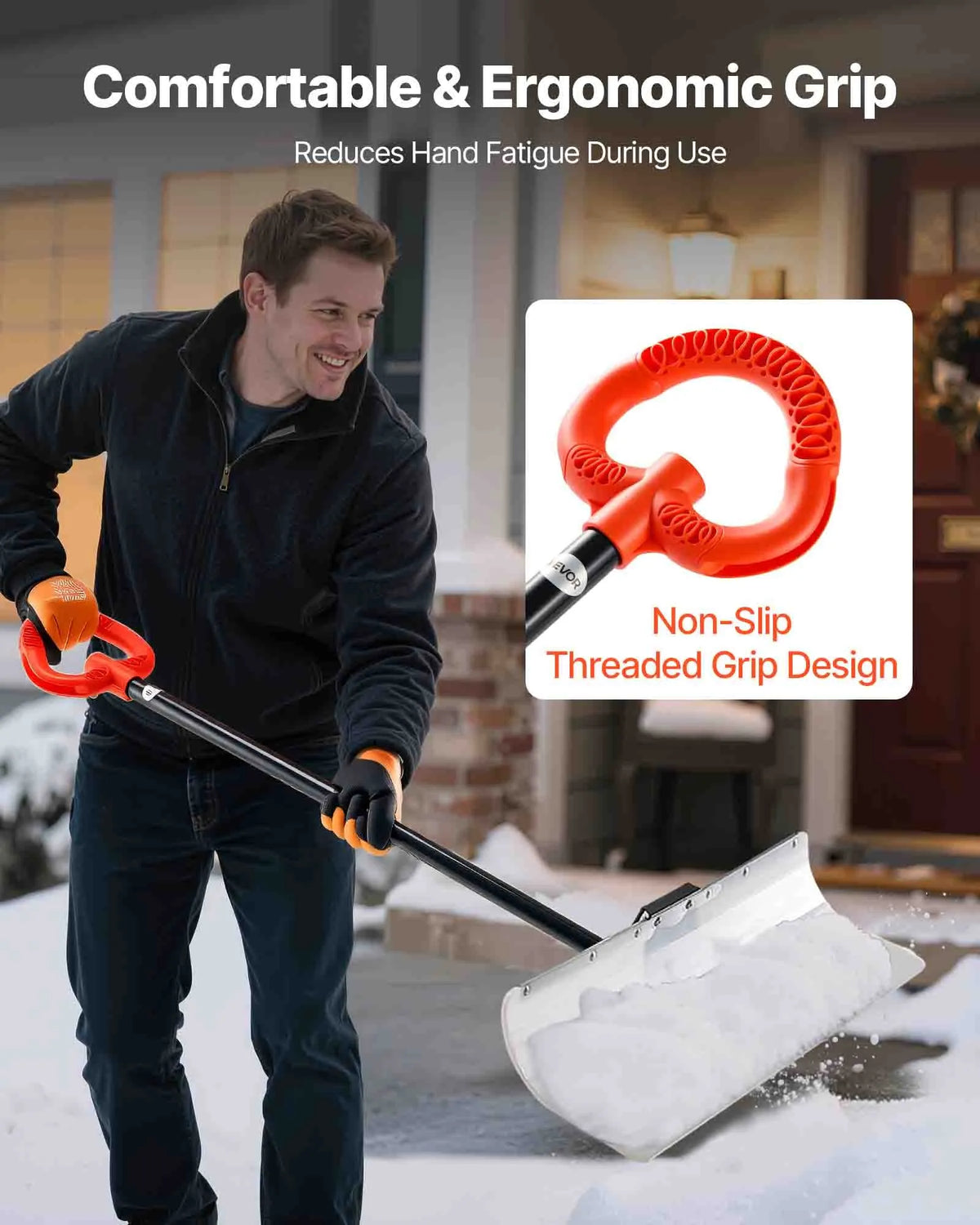 Snow pusher shovel 76.2 cm with ergonomic handle, HDPE blade and metal edge, segmented handle, portable for driveways