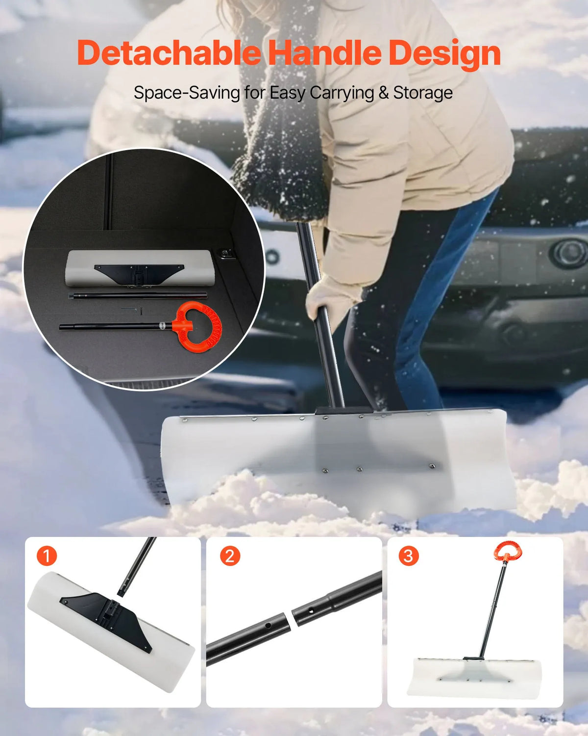 Snow pusher shovel 76.2 cm with ergonomic handle, HDPE blade and metal edge, segmented handle, portable for driveways