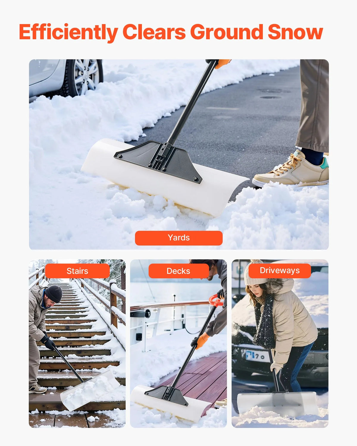 Snow pusher shovel 76.2 cm with ergonomic handle, HDPE blade and metal edge, segmented handle, portable for driveways