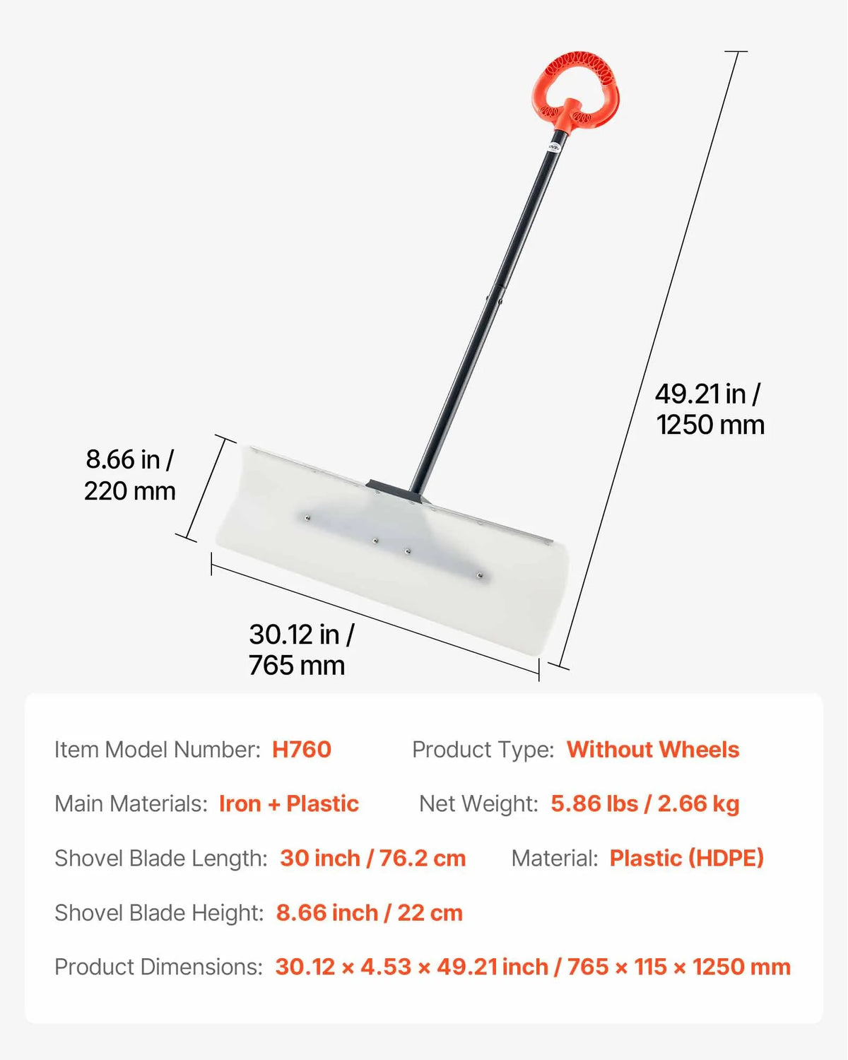 Snow pusher shovel 76.2 cm with ergonomic handle, HDPE blade and metal edge, segmented handle, portable for driveways