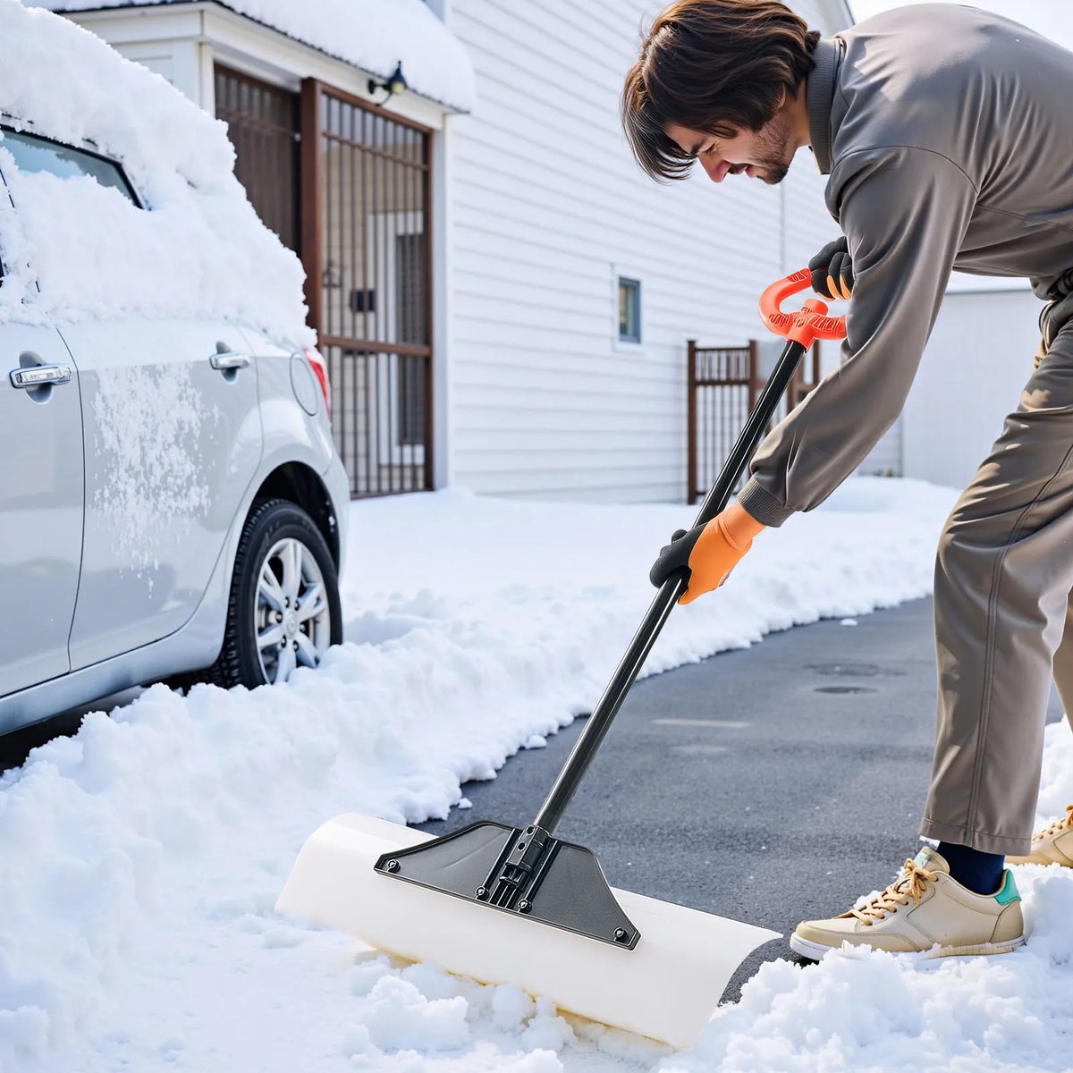 Snow pusher shovel 76.2 cm with ergonomic handle, HDPE blade and metal edge, segmented handle, portable for driveways