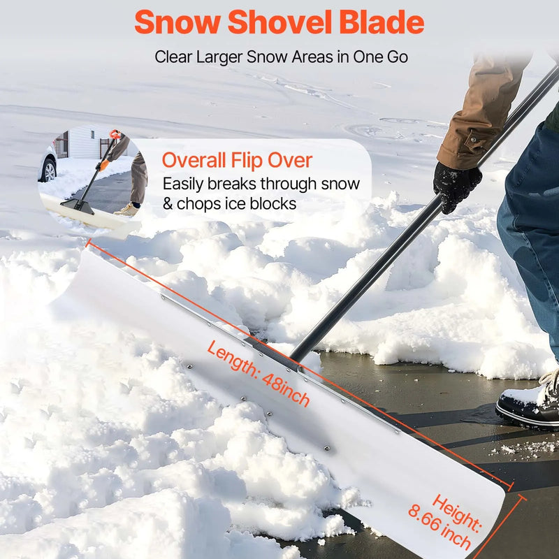 Sniega stūmējlāpsta, 122 cm āra sniega tīrīšanas lāpsta ar ergonoomisku rokturi, HDPE plastmasas asmeni, segmentētu kātu un metāla malu, pārnēsājams sniega novākšanas rīks piebraucamajiem ceļiem un dārzam